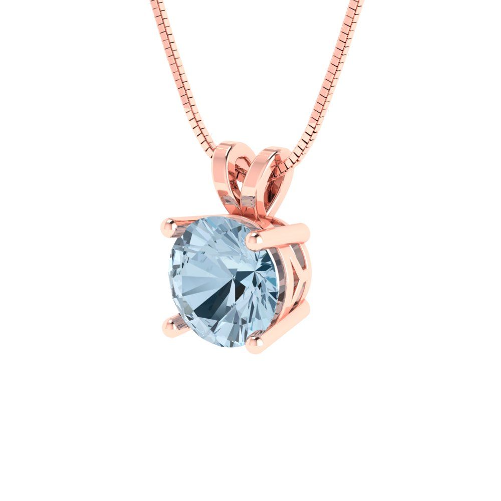 1 tcw Necklace Pendant - 14K White Gold Round Cut Solitaire  Aquamarine - Adjustable Length - 15in Box Chain to 18in
