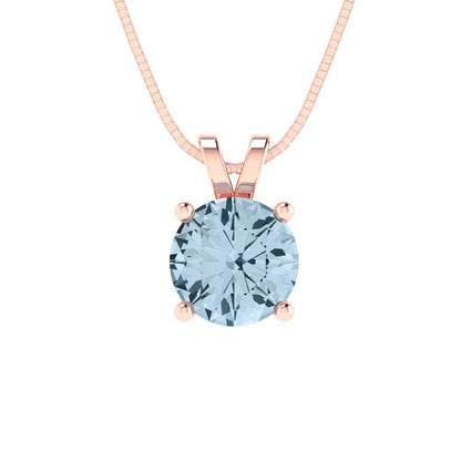1 tcw Necklace Pendant - 14K White Gold Round Cut Solitaire  Aquamarine - Adjustable Length - 15in Box Chain to 18in