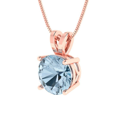 2 tcw Necklace Pendant - 14K White Gold Round Cut Solitaire  Aquamarine - Adjustable Length - 15in Box Chain to 18in