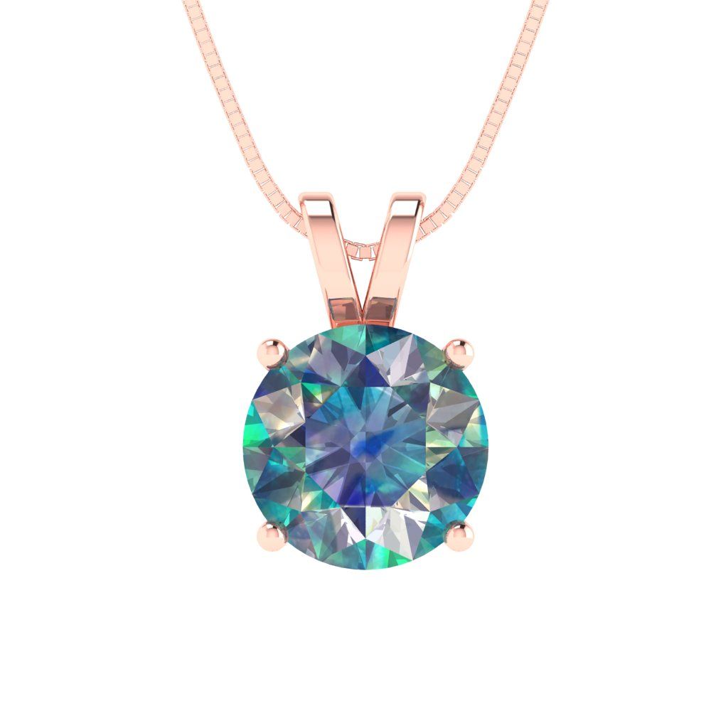 2 tcw Necklace Pendant - 14K White Gold Round Cut Solitaire  Blue Moissanite - Adjustable Length - 15in Box Chain to 18in