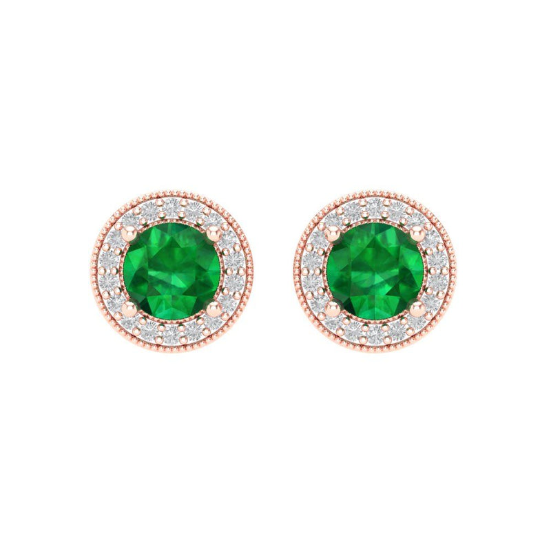 1.18 ct Brilliant Round Cut Halo Studs Simulated Emerald Stone Rose Gold Earrings Screw back
