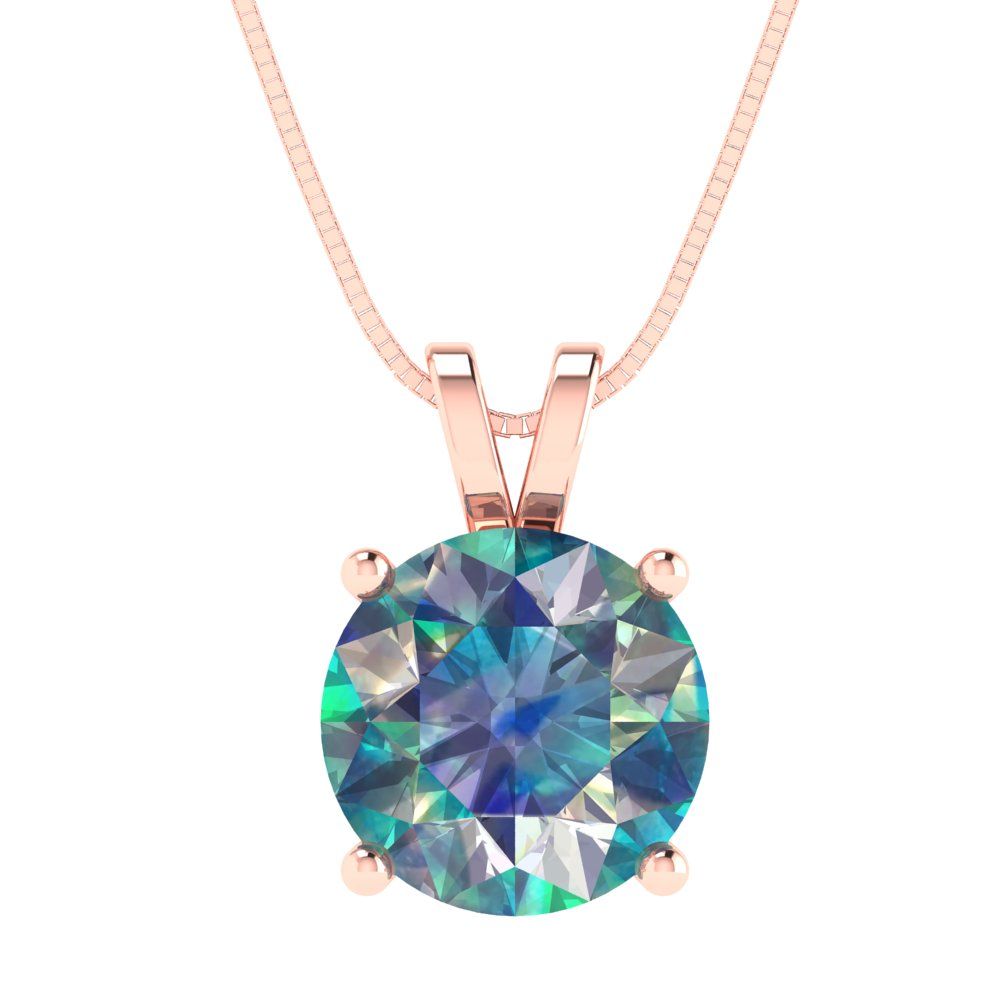 3 tcw Necklace Pendant - 14K White Gold Round Cut Solitaire  Blue Moissanite - Adjustable Length - 15in Box Chain to 18in