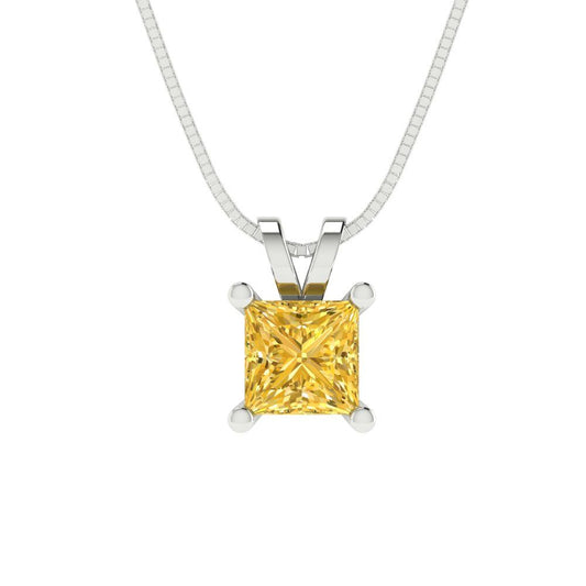 0.5 tcw Necklace Pendant - 14K White Gold Princess Cut Solitaire  Yellow - Adjustable Length - 15in Box Chain to 18in