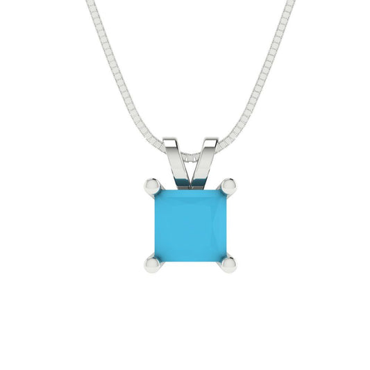 0.5 tcw Necklace Pendant - 14K White Gold Princess Cut Solitaire  Turquoise - Adjustable Length - 15in Box Chain to 18in