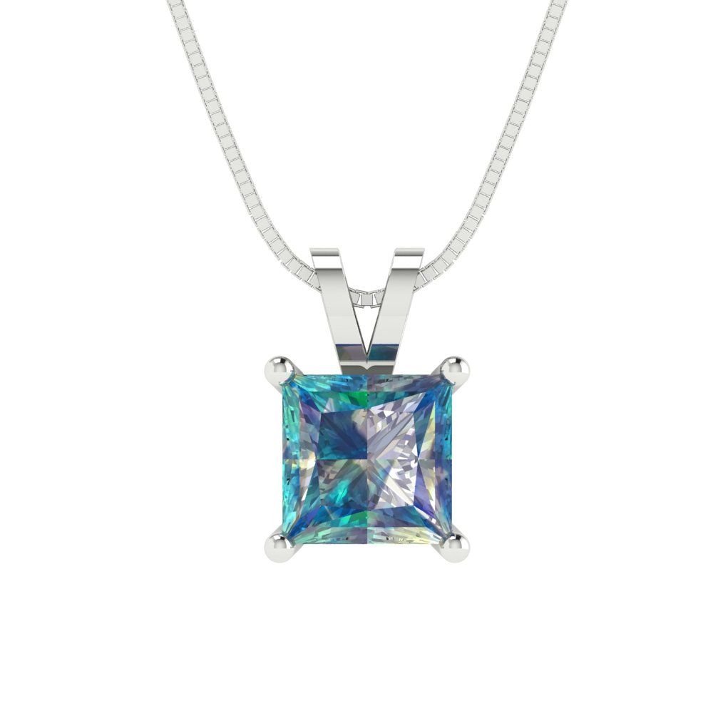 1.5 tcw Necklace Pendant - 14K White Gold Princess Cut Solitaire  Blue Moissanite - Adjustable Length - 15in Box Chain to 18in