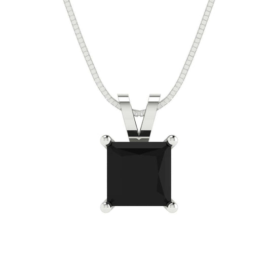 1.5 tcw Necklace Pendant - 14K White Gold Princess Cut Solitaire  Onyx - Adjustable Length - 15in Box Chain to 18in