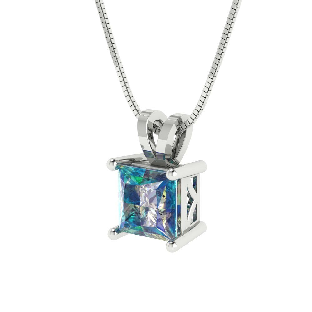 1.5 tcw Necklace Pendant - 14K White Gold Princess Cut Solitaire  Blue Moissanite - Adjustable Length - 15in Box Chain to 18in