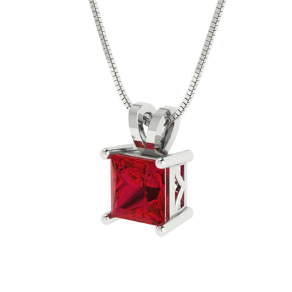 1.50 ct Princess Brilliant Cut Ideal VVS1 Red Ruby CZ Pendant Necklace Bridal Anniversary 16" chain 14k Solid White Gold