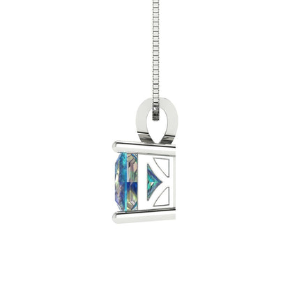 1.5 tcw Necklace Pendant - 14K White Gold Princess Cut Solitaire  Blue Moissanite - Adjustable Length - 15in Box Chain to 18in
