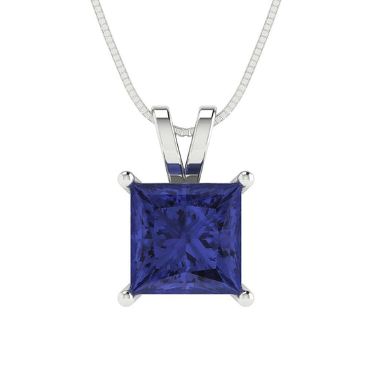 2.5 tcw Necklace Pendant - 14K White Gold Princess Cut Solitaire  Tanzanite - Adjustable Length - 15in Box Chain to 18in
