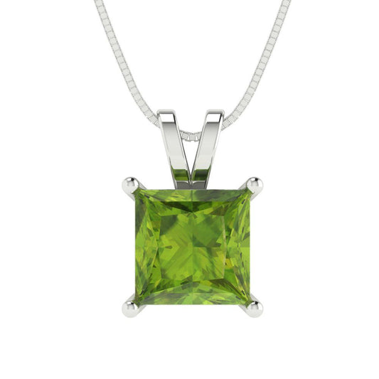 2.5 tcw Necklace Pendant - 14K White Gold Princess Cut Solitaire  Peridot - Adjustable Length - 15in Box Chain to 18in