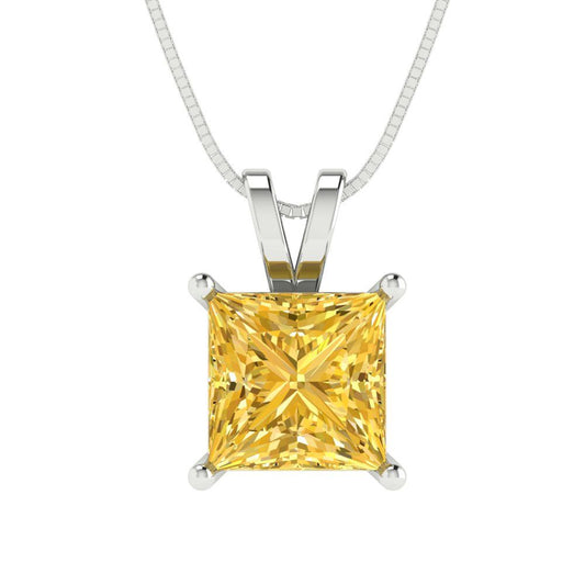 2.5 tcw Necklace Pendant - 14K White Gold Princess Cut Solitaire  Yellow - Adjustable Length - 15in Box Chain to 18in