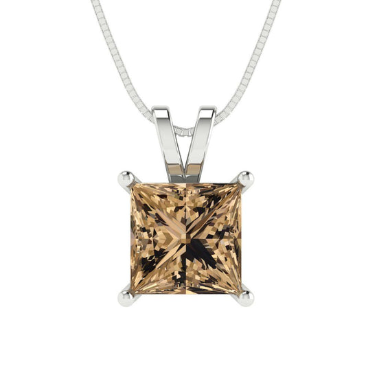 2.5 tcw Necklace Pendant - 14K White Gold Princess Cut Solitaire  Champagne - Adjustable Length - 15in Box Chain to 18in