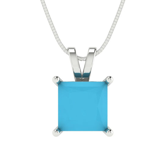 2.5 tcw Necklace Pendant - 14K White Gold Princess Cut Solitaire  Turquoise - Adjustable Length - 15in Box Chain to 18in