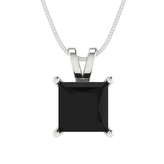 2.5 tcw Necklace Pendant - 14K White Gold Princess Cut Solitaire  Onyx - Adjustable Length - 15in Box Chain to 18in