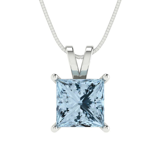 2.5 tcw Necklace Pendant - 14K White Gold Princess Cut Solitaire  Blue - Adjustable Length - 15in Box Chain to 18in