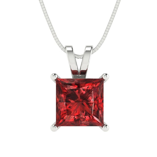 2.5 tcw Necklace Pendant - 14K White Gold Princess Cut Solitaire  Garnet - Adjustable Length - 15in Box Chain to 18in