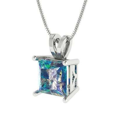 2.5 tcw Necklace Pendant - 14K White Gold Princess Cut Solitaire  Blue Moissanite - Adjustable Length - 15in Box Chain to 18in