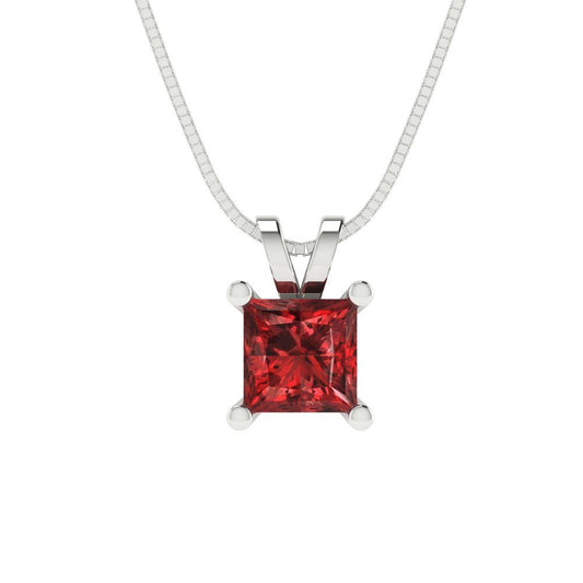 3 tcw Necklace Pendant - 14K White Gold Princess Cut Solitaire  Garnet - Adjustable Length - 15in Box Chain to 18in