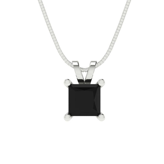 3 tcw Necklace Pendant - 14K White Gold Princess Cut Solitaire  Onyx - Adjustable Length - 15in Box Chain to 18in