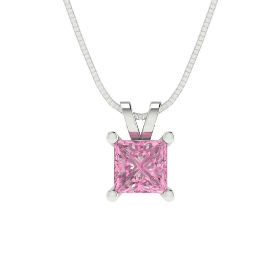 3 tcw Necklace Pendant - 14K White Gold Princess Cut Solitaire  Pink - Adjustable Length - 15in Box Chain to 18in