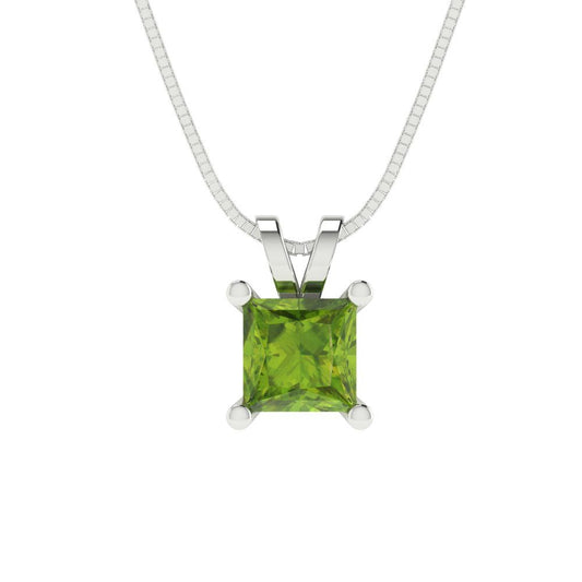 3 tcw Necklace Pendant - 14K White Gold Princess Cut Solitaire  Peridot - Adjustable Length - 15in Box Chain to 18in