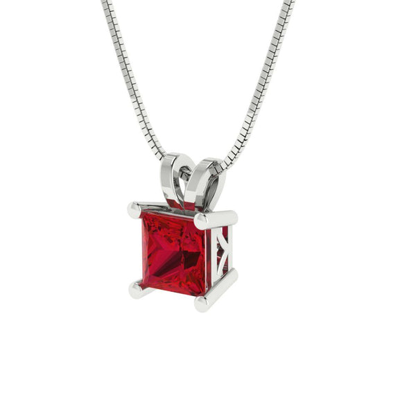 3.0 ct Brilliant Princess Cut Solitaire Simulated Ruby Stone White Gold Pendant with 16" Chain