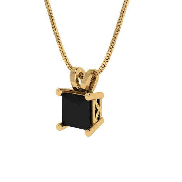 0.5 ct Brilliant Princess Cut Solitaire Natural Onyx Stone Yellow Gold Pendant with 16" Chain
