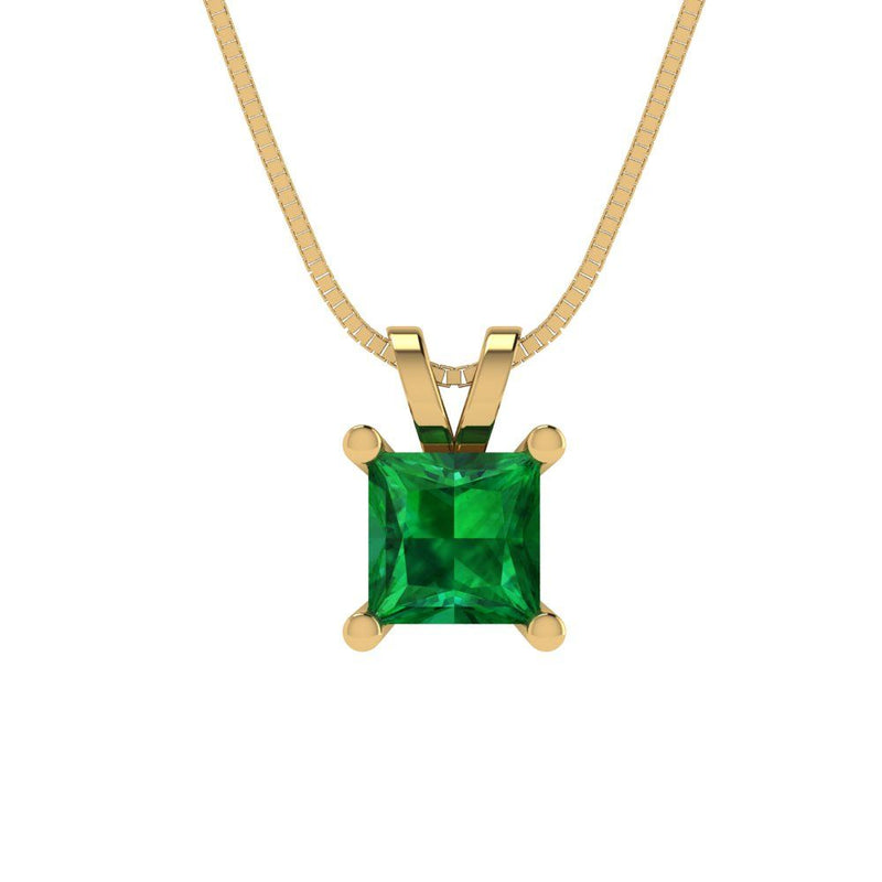0.5 ct Brilliant Princess Cut Solitaire Simulated Emerald Stone Yellow Gold Pendant with 18" Chain