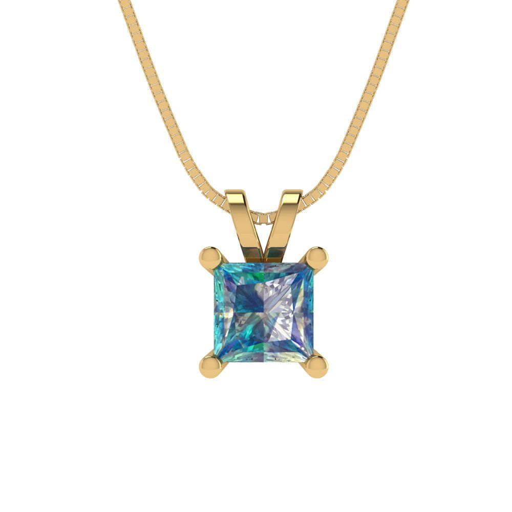 0.5cttw Princess Cut Blue Moissanite Gold-Plated 925 Silver Pendant and 18" Box-Chain Necklace