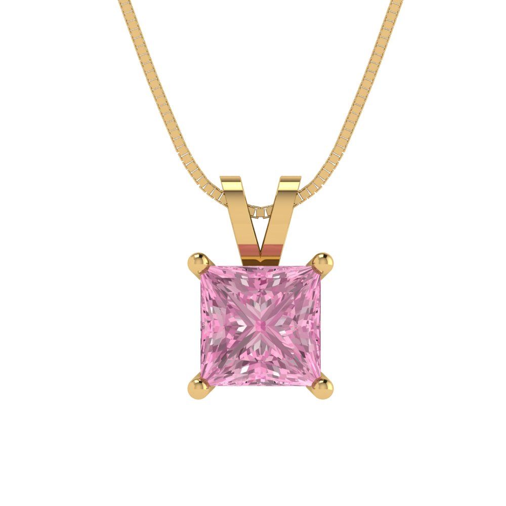 1.50 ct Princess Brilliant Cut Ideal VVS1 Pink Simulated Diamond Pendant Necklace Bridal Anniversary 16" chain 14k Solid Yellow Gold