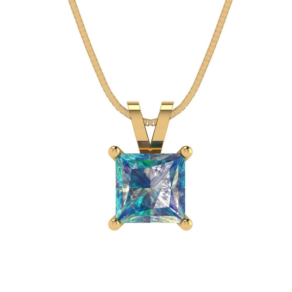 1.5 tcw Necklace Pendant - 14K White Gold Princess Cut Solitaire  Blue Moissanite - Adjustable Length - 15in Box Chain to 18in