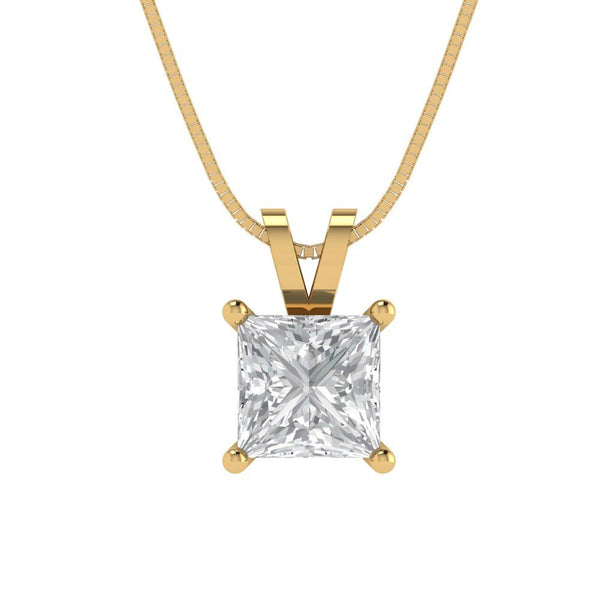 1.5 ct Brilliant Princess Cut Solitaire Moissanite Stone Yellow Gold Pendant with 16" Chain