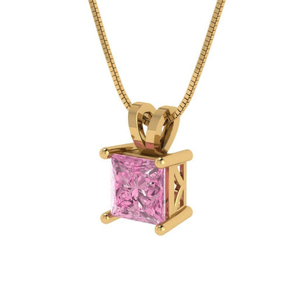 1.50 ct Princess Brilliant Cut Ideal VVS1 Pink Simulated Diamond Pendant Necklace Bridal Anniversary 16" chain 14k Solid Yellow Gold