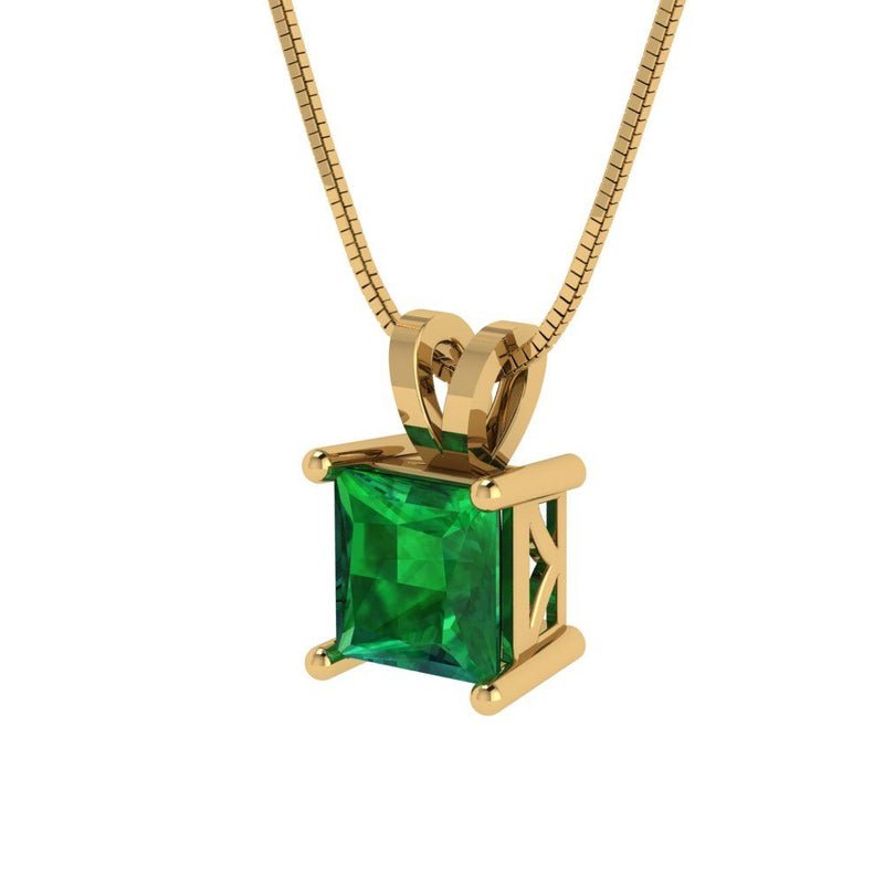 1.5 ct Brilliant Princess Cut Solitaire Simulated Emerald Stone Yellow Gold Pendant with 16" Chain