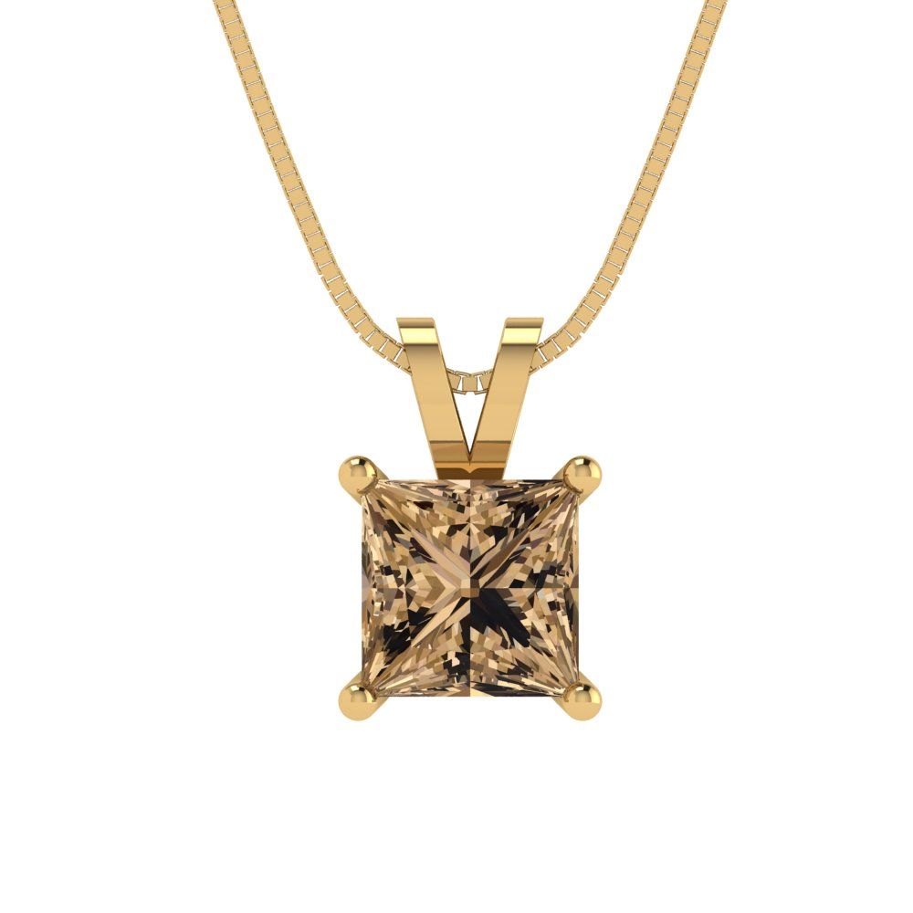 1.5cttw Princess Cut Champagne Gold-Plated 925 Silver Pendant and 18" Box-Chain Necklace