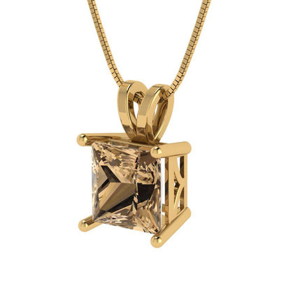 2.5cttw Princess Cut Champagne Gold-Plated 925 Silver Pendant and 16" Box-Chain Necklace