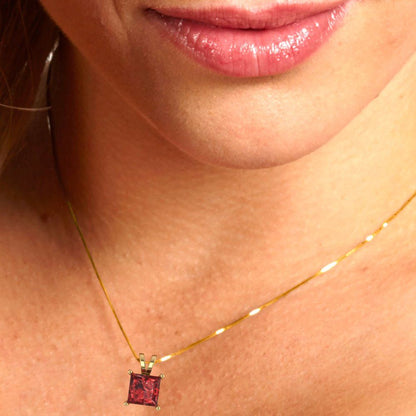 2.5cttw Princess Cut Garnet Gold-Plated 925 Silver Pendant and 16" Box-Chain Necklace