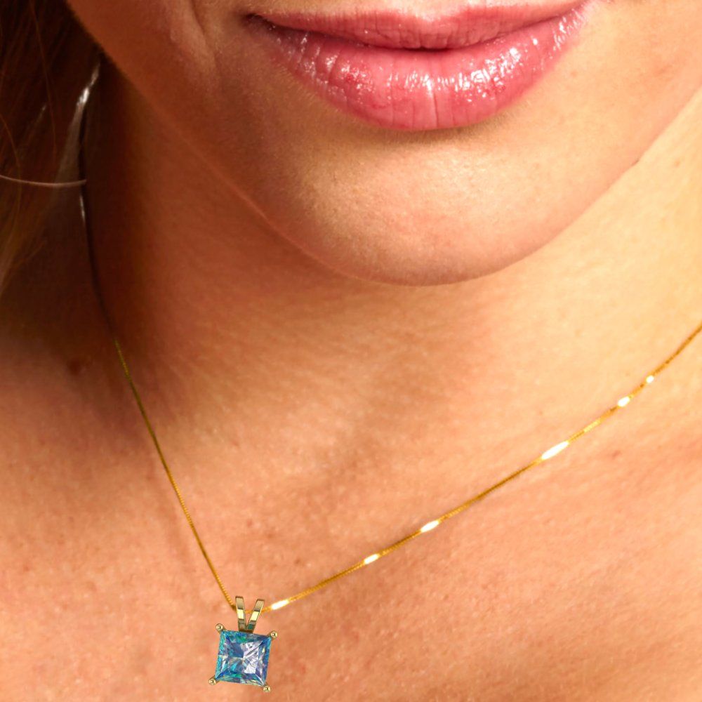 2.5 tcw Necklace Pendant - 14K White Gold Princess Cut Solitaire  Blue Moissanite - Adjustable Length - 15in Box Chain to 18in