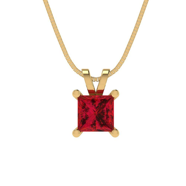3.0 ct Brilliant Princess Cut Solitaire Simulated Ruby Stone Yellow Gold Pendant with 16" Chain