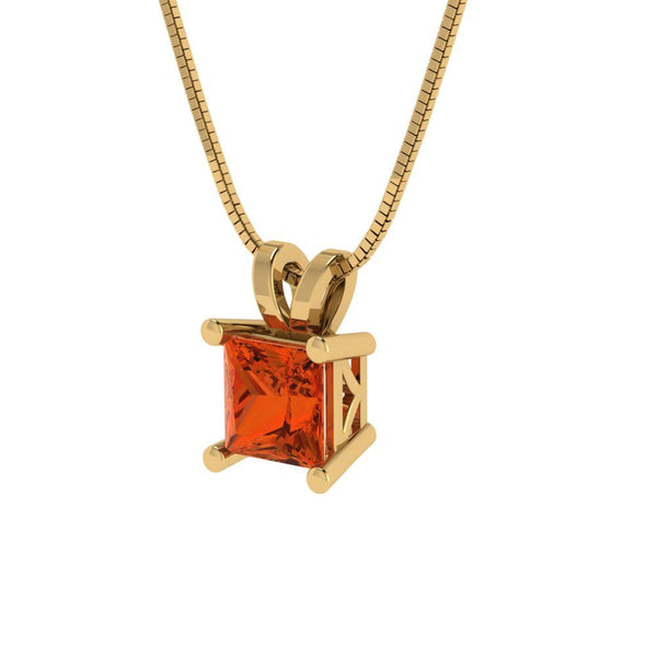 3.0 ct Brilliant Princess Cut Solitaire Red Simulated Diamond Stone Yellow Gold Pendant with 16" Chain