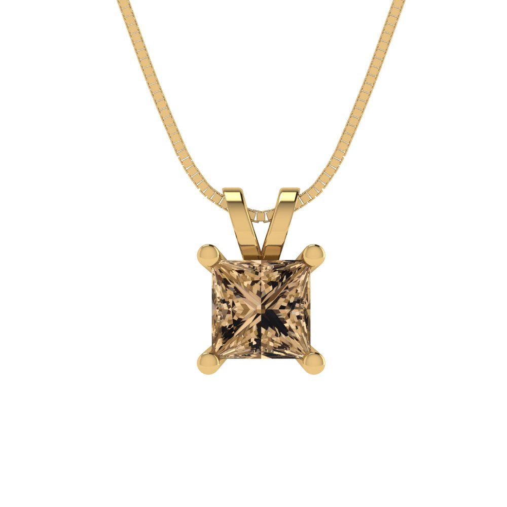 3cttw Princess Cut Champagne Gold-Plated 925 Silver Pendant and 16" Box-Chain Necklace