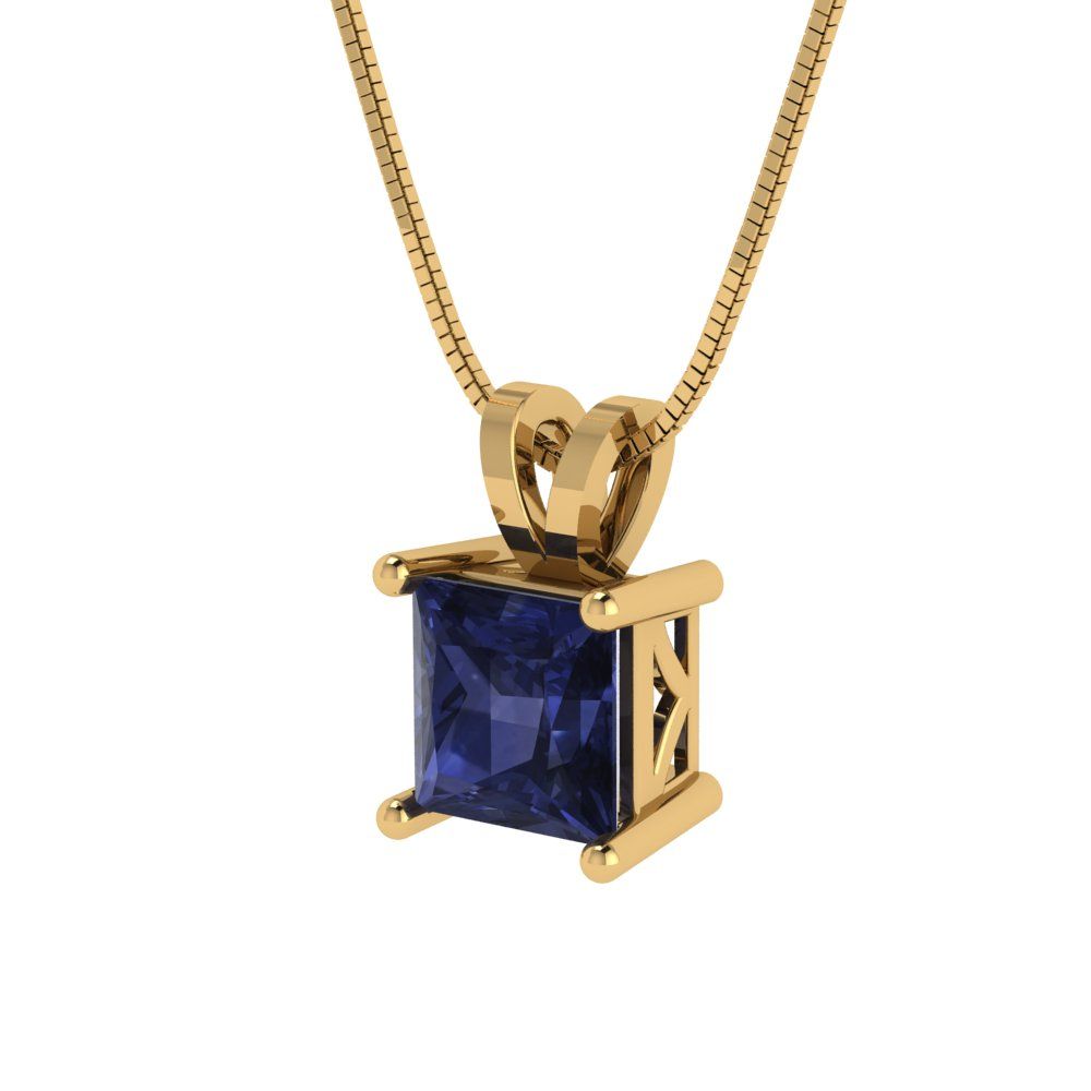 3cttw Princess Cut Blue Sapphire Gold-Plated 925 Silver Pendant and 18" Box-Chain Necklace