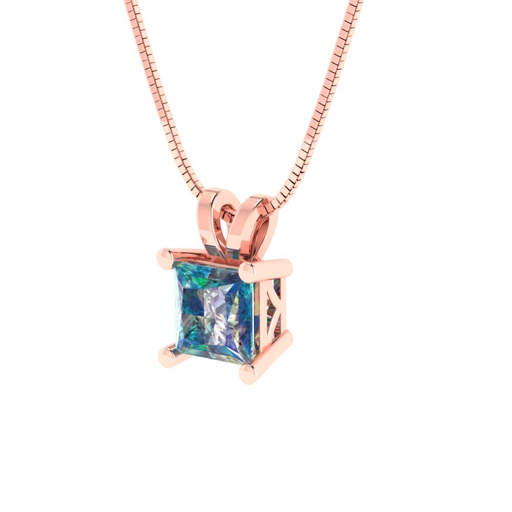 0.5cttw Princess Cut Blue Moissanite Gold-Plated 925 Silver Pendant and 16" Box-Chain Necklace
