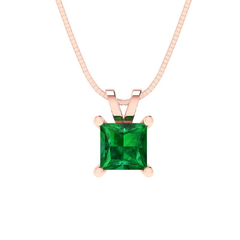 0.5 ct Brilliant Princess Cut Solitaire Simulated Emerald Stone Rose Gold Pendant with 16" Chain
