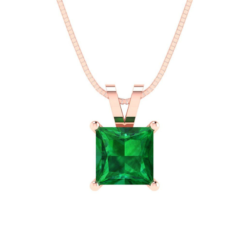 1.5 ct Brilliant Princess Cut Solitaire Simulated Emerald Stone Rose Gold Pendant with 16" Chain