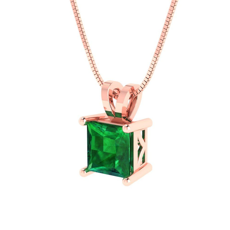 1.5 ct Brilliant Princess Cut Solitaire Simulated Emerald Stone Rose Gold Pendant with 16" Chain
