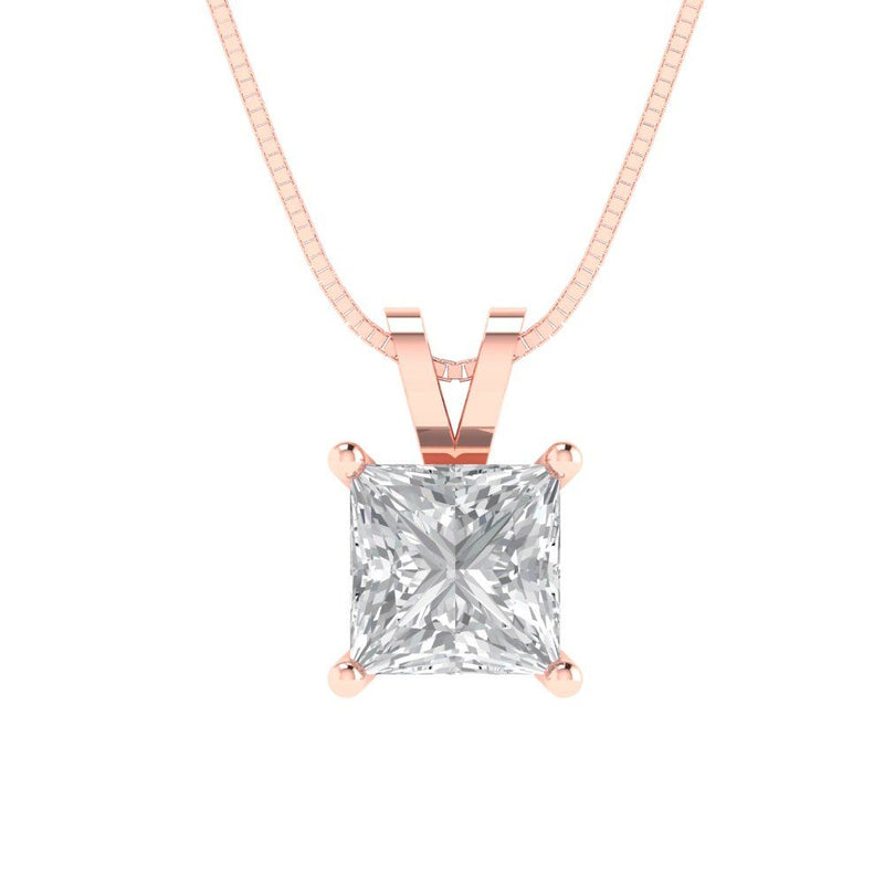 1.5 ct Brilliant Princess Cut Solitaire Natural Diamond Stone Clarity SI1-2 Color G-H Rose Gold Pendant with 18" Chain