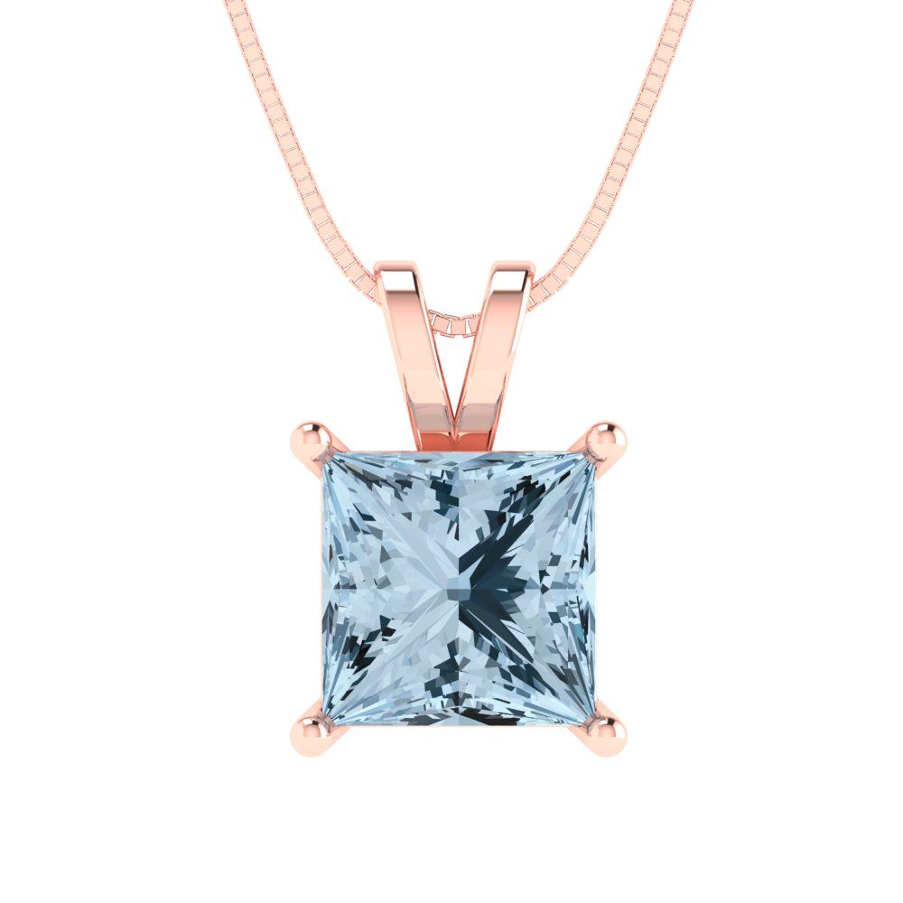 2 tcw Necklace Pendant - 14K Yellow Gold Princess Cut Solitaire  Swiss Blue Topaz - Adjustable Length - 15in Box Chain to 18in