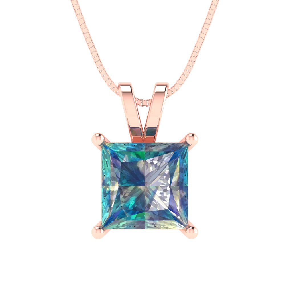 2 tcw Necklace Pendant - 14K Yellow Gold Princess Cut Solitaire  Blue Moissanite - Adjustable Length - 15in Box Chain to 18in